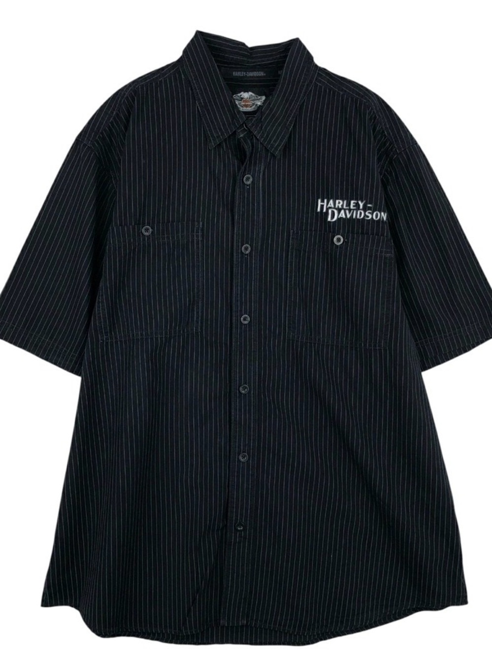 Harley Davidson Shirt Mens Large Black Pinstripe Button Up Motorcycle Rider